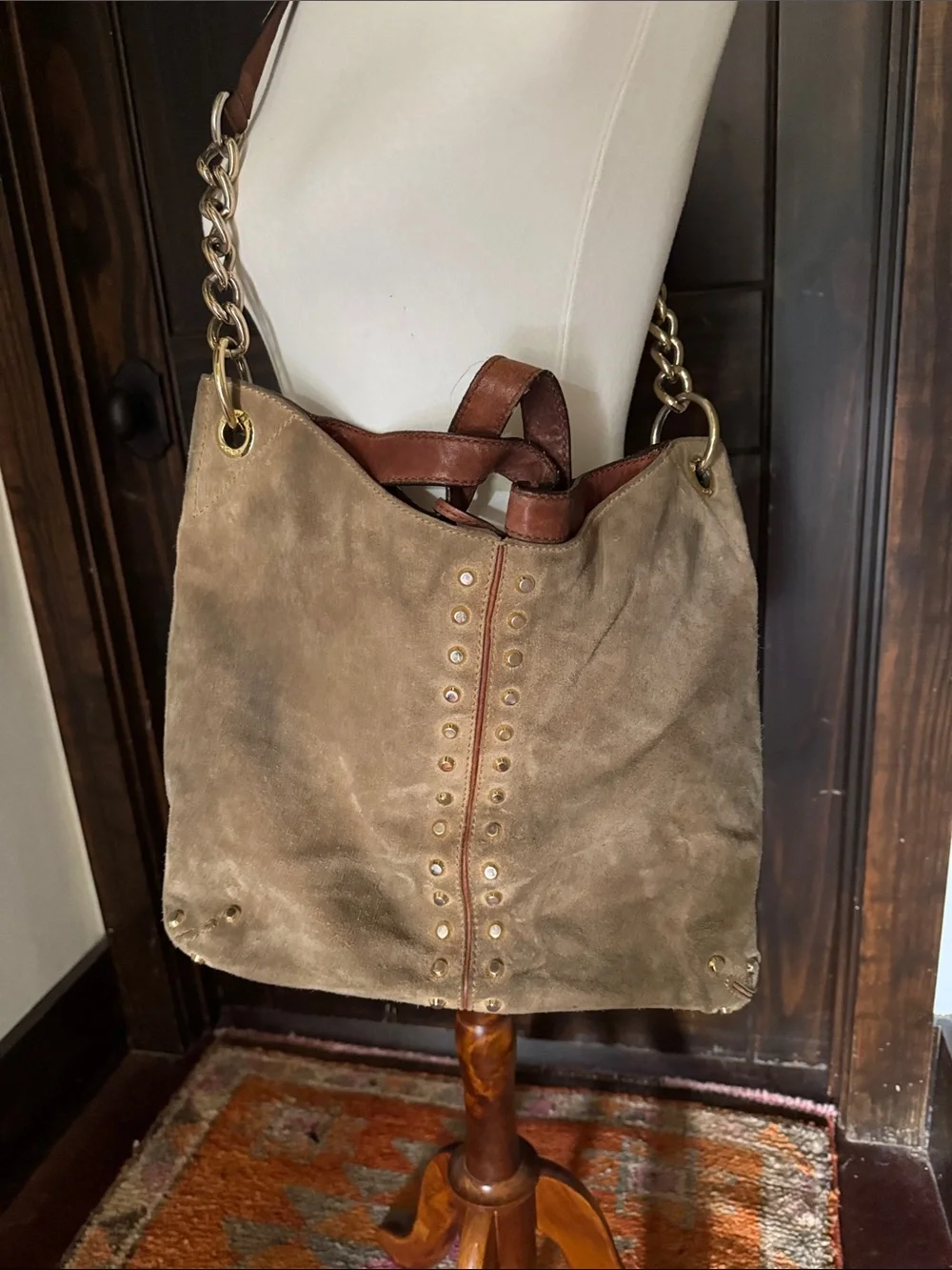 Michael Kors Suede Stud-Accent Shoulder Bag in Taupe and Brown